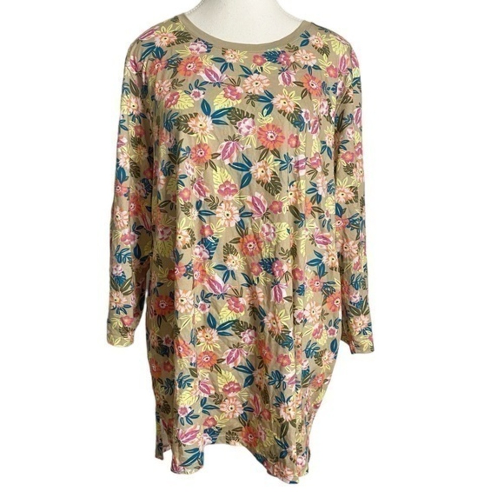 Lands' End Khaki Floral Print Crew Shirt Size 1X